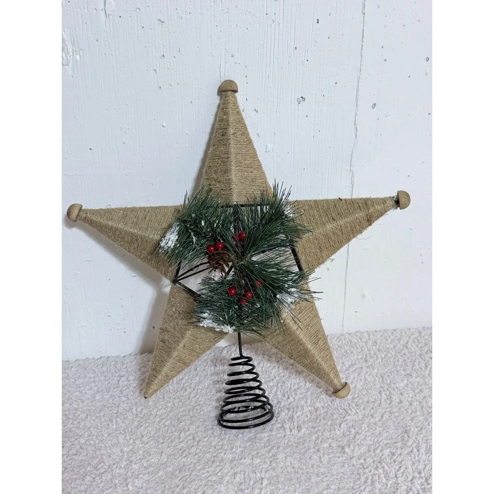 Rustic Jute Twine Star Christmas Tree Topper Pinecone Berries Farmhouse Decor